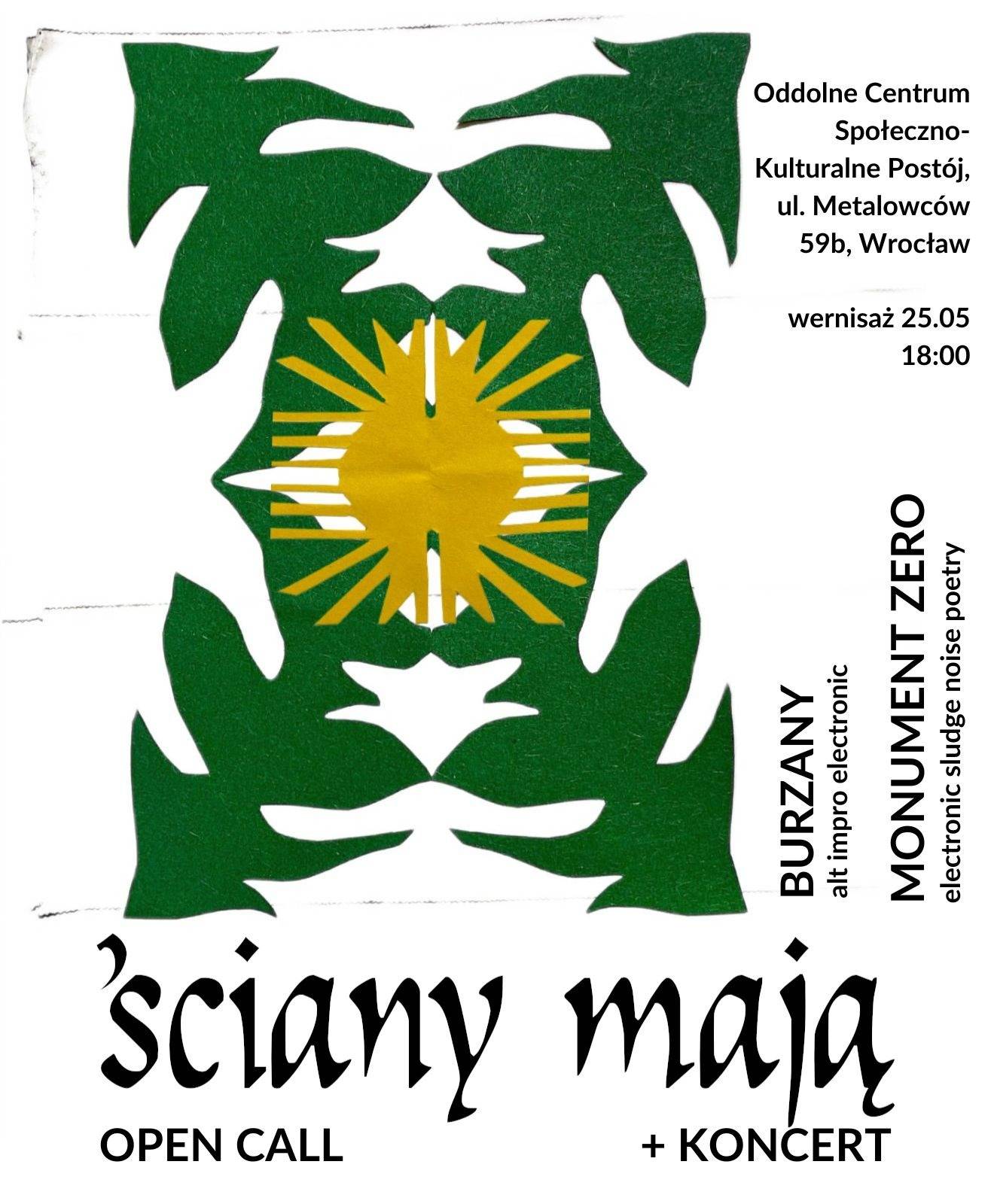 „ściany mają” – OPEN CALL, wernisaż, kuchnia społeczna, koncert: Burzany, Monument Zero